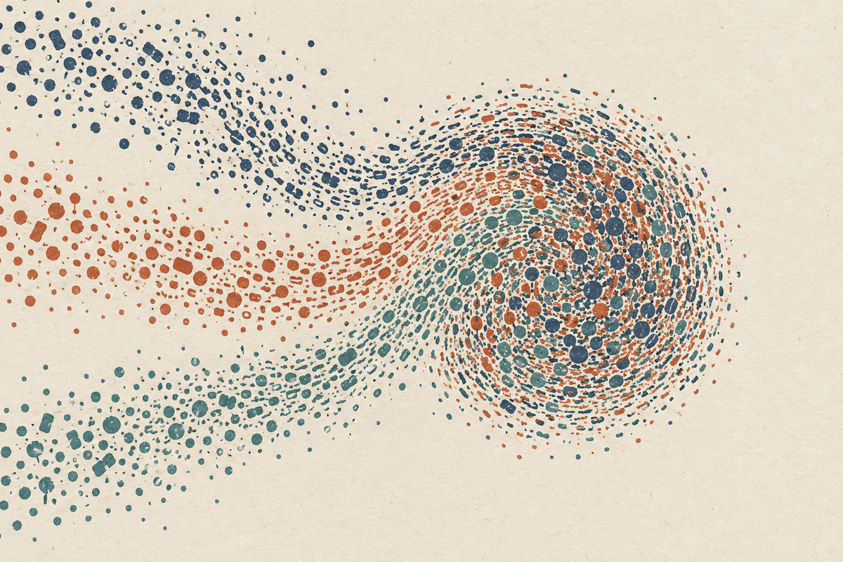 Indigo, terracotta, and teal ink marks converge into a woven circular pattern on textured ivory paper.