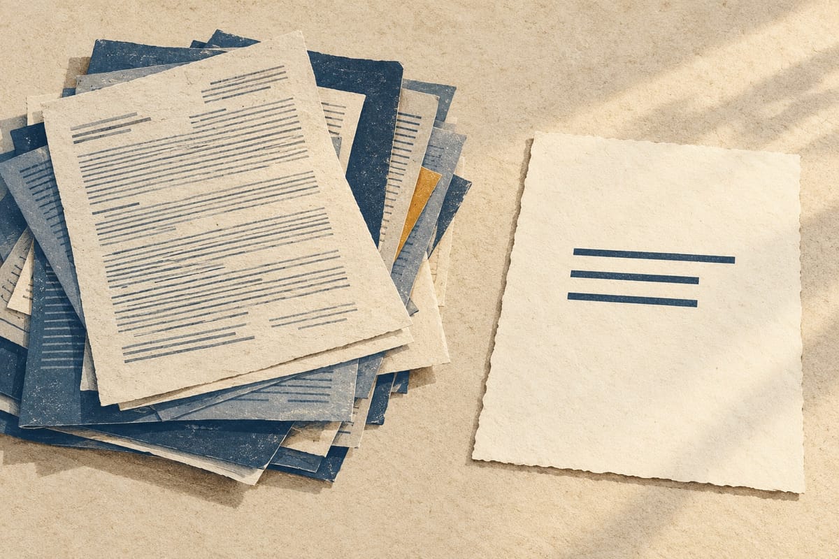 A stack of densely marked papers beside a single ivory sheet with three clear navy lines.