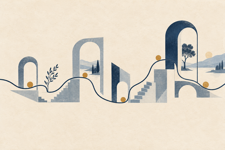 A continuous navy line winds through blue architectural arches and ochre markers on textured ivory paper.